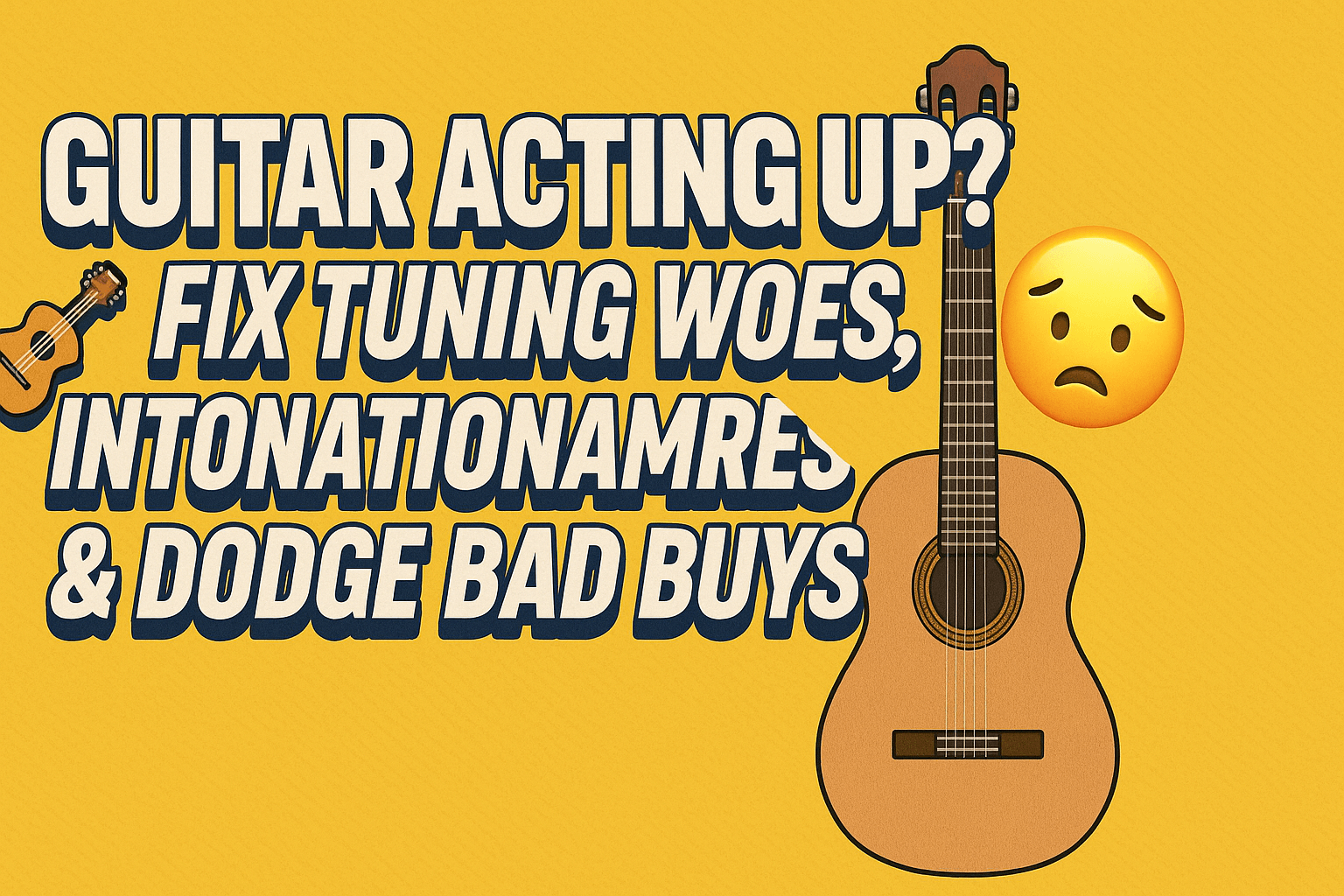 Thumbnail with bold text and a classical guitar on yellow background, highlighting tuning and intonation issues.