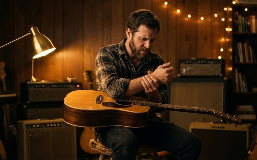 Guitarist holding painful left wrist during practice session, illustrating common guitar injuries and carpal tunnel symptoms from poor technique.