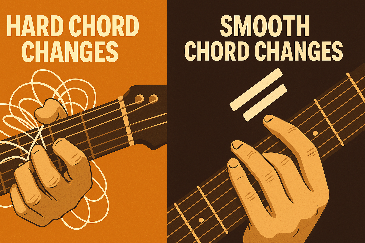 Dynamic illustration contrasting tangled, awkward guitar chord changes with smooth, confident finger transitions for Montzari.