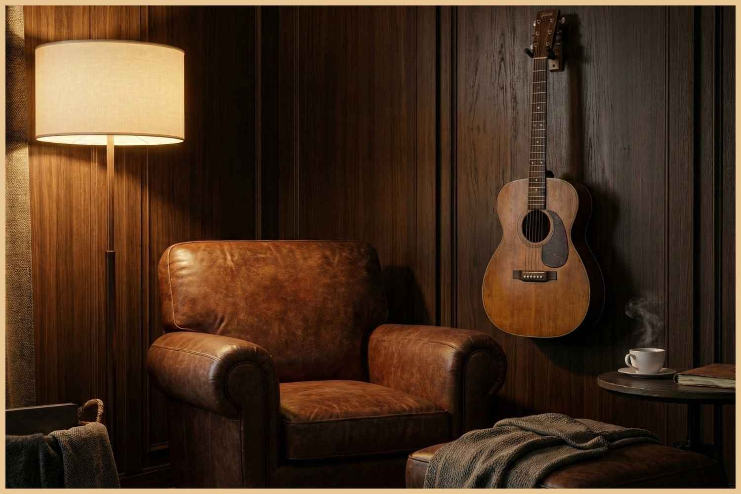 Cozy guitar practice space with leather chair, warm lighting, and acoustic guitar mounted on a wall hook.