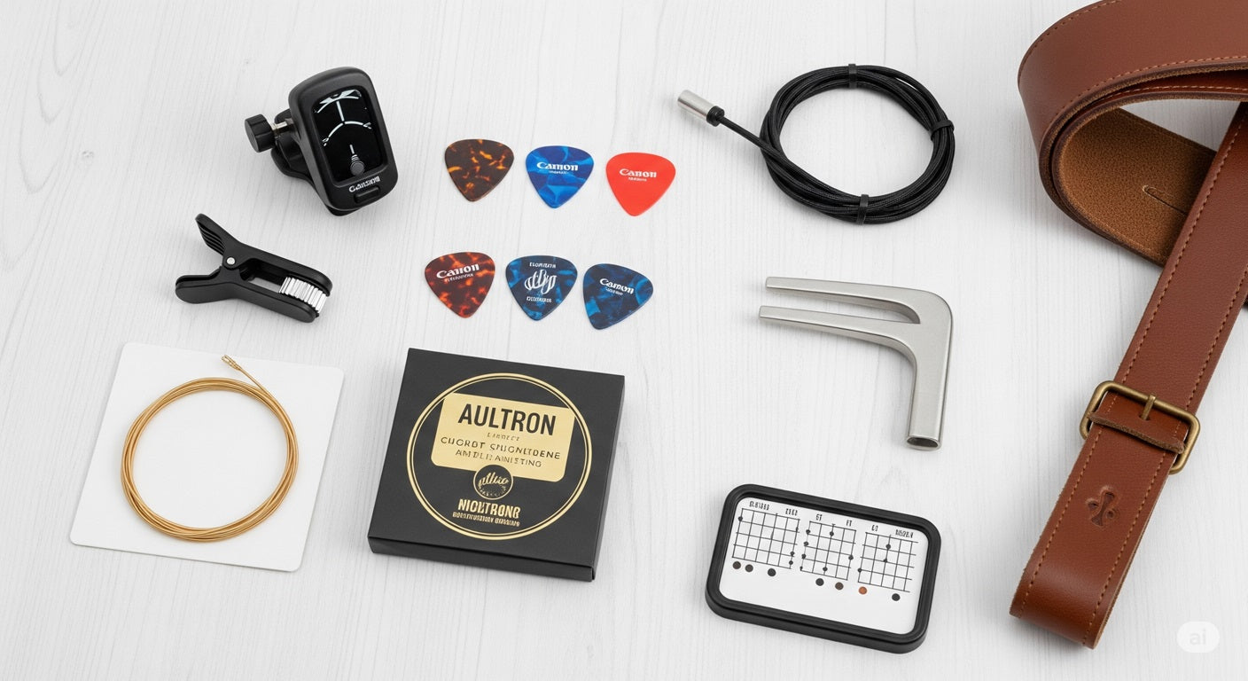 A professional flat lay photograph of guitar accessories on a white oak surface. Includes a brown leather strap, a black clip-on tuner, colorful guitar picks, strings, a capo, and a chord learning tool.
