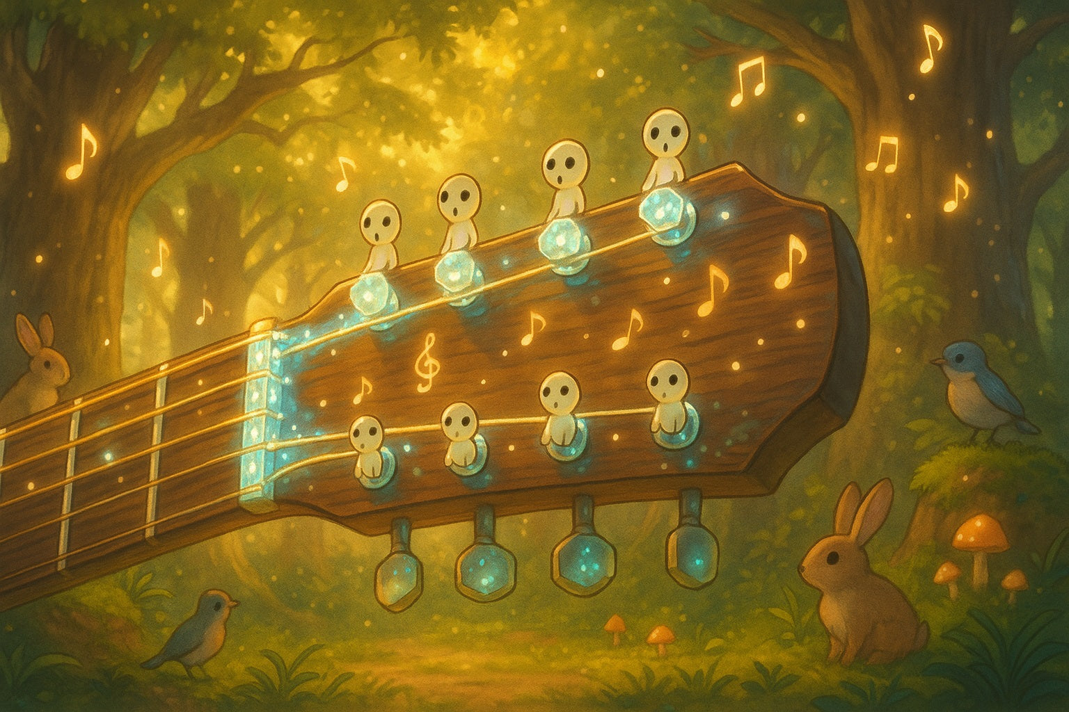 "Magical guitar headstock with forest spirits, glowing notes, and woodland creatures in a golden forest.