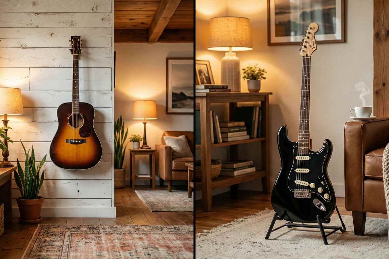 Comparison of an acoustic guitar on a wall hanger versus an electric guitar on a floor stand in a cozy home music corner.