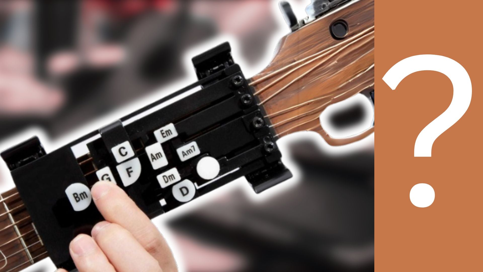 Close-up of a hand using a guitar chord presser, illustrating the topic of the article ‘Installing and Using a Chord Presser: Do They Live Up to the Hype?’ A question mark graphic is on the right.
