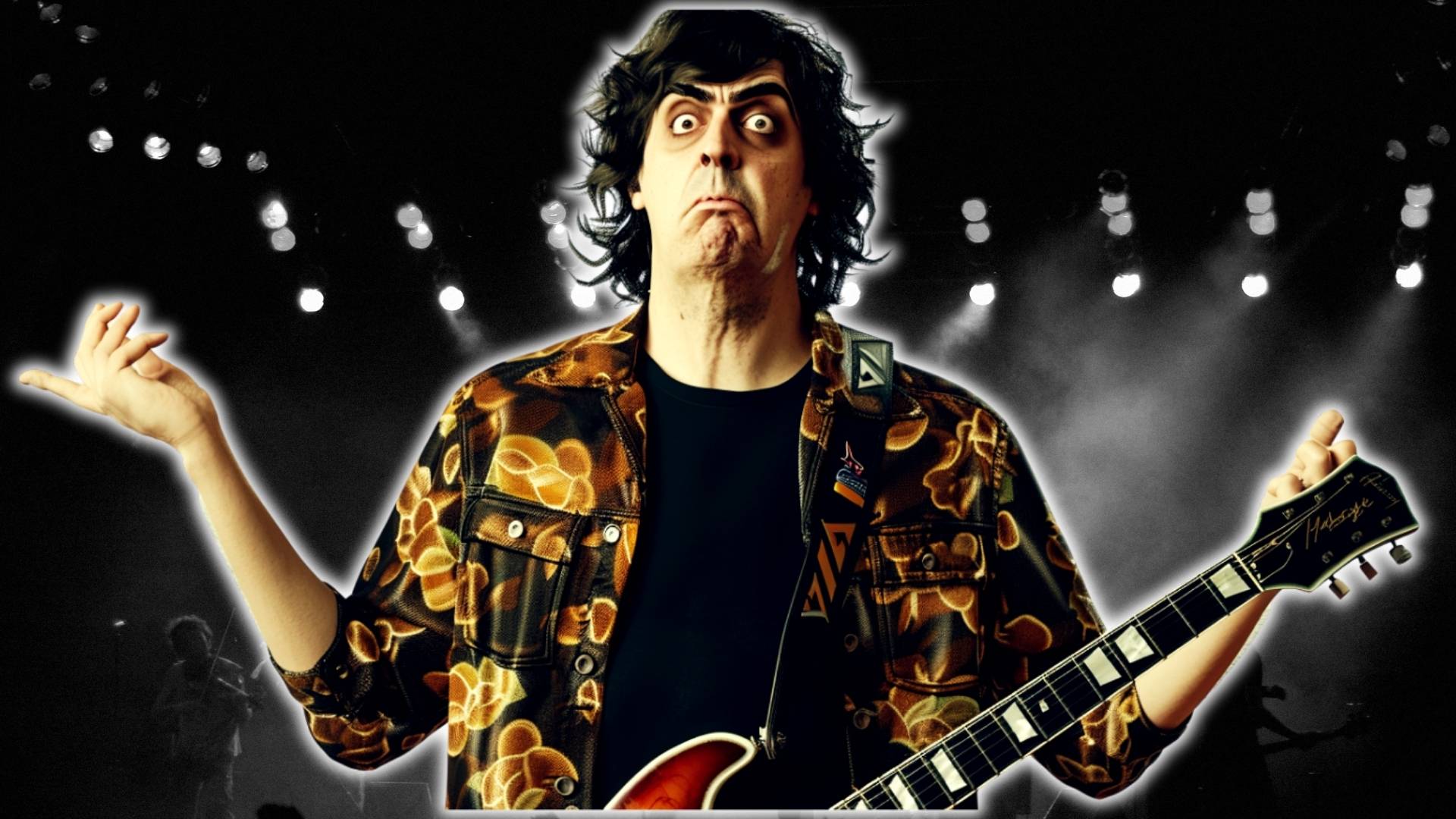 Guitarist looking comically overwhelmed on stage, representing the challenge the Guitar Chord Presser (explained in the article) helps overcome.