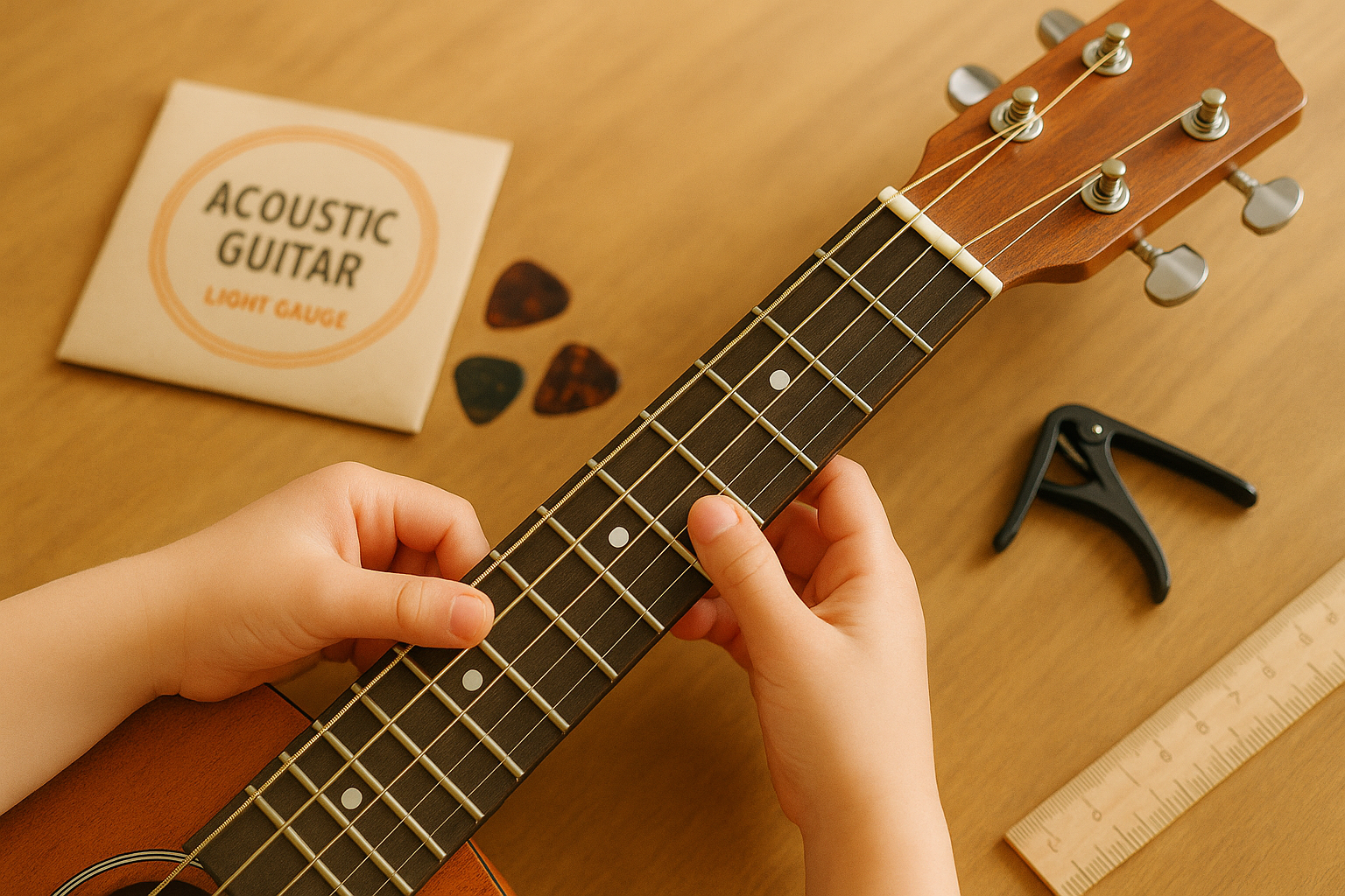 Child’s small hands on acoustic guitar frets, with picks, capo, string pack, and ruler on a warm wooden surface.