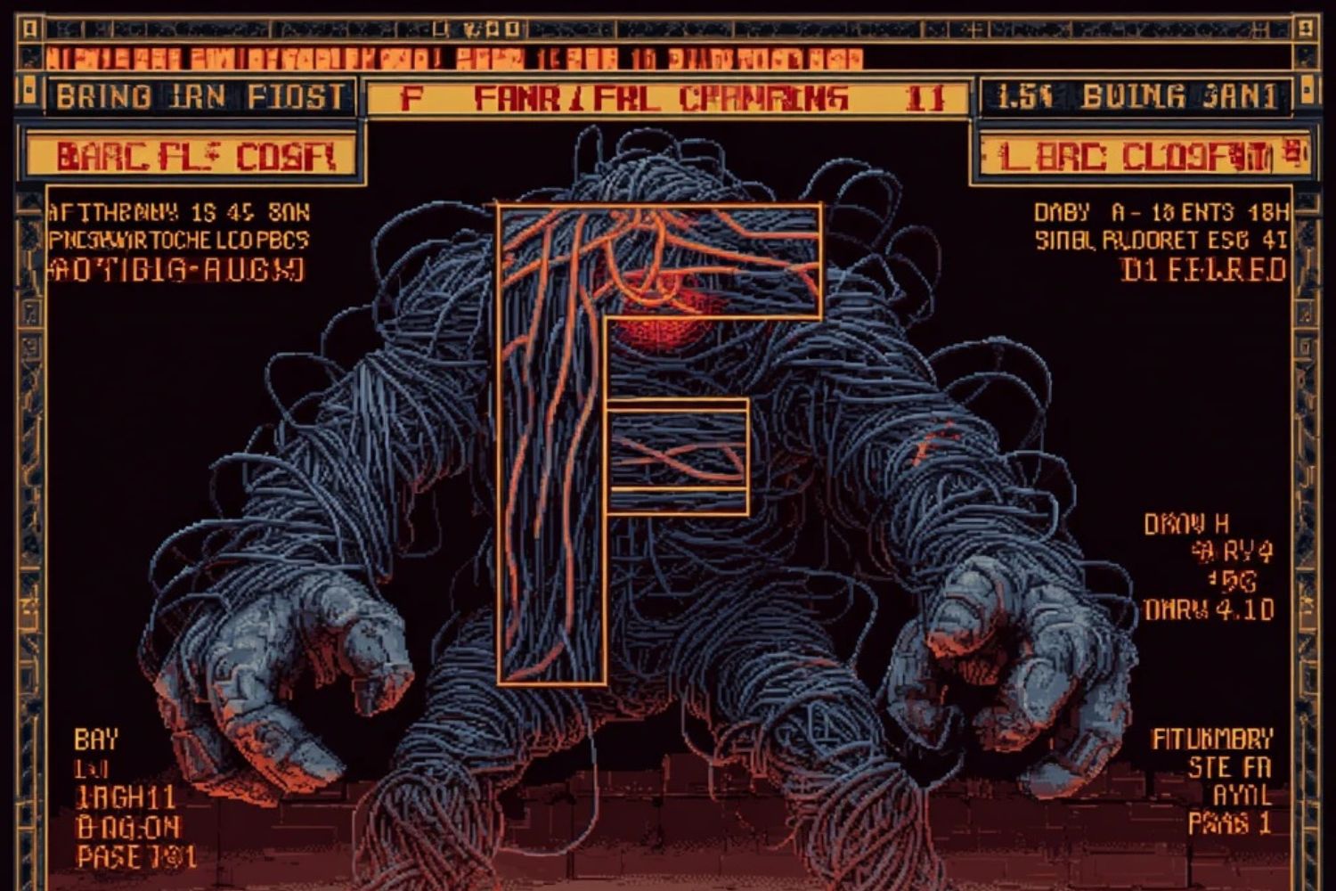 Retro arcade game screen showing F chord as a boss monster made of tangled guitar strings, with health bars displaying “87% Players Defeated” and pixel art hand character fighting it, 16-bit video game style    autorenew  thumb_up  thumb_down