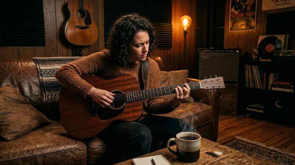 a woman on sofa playing guitar