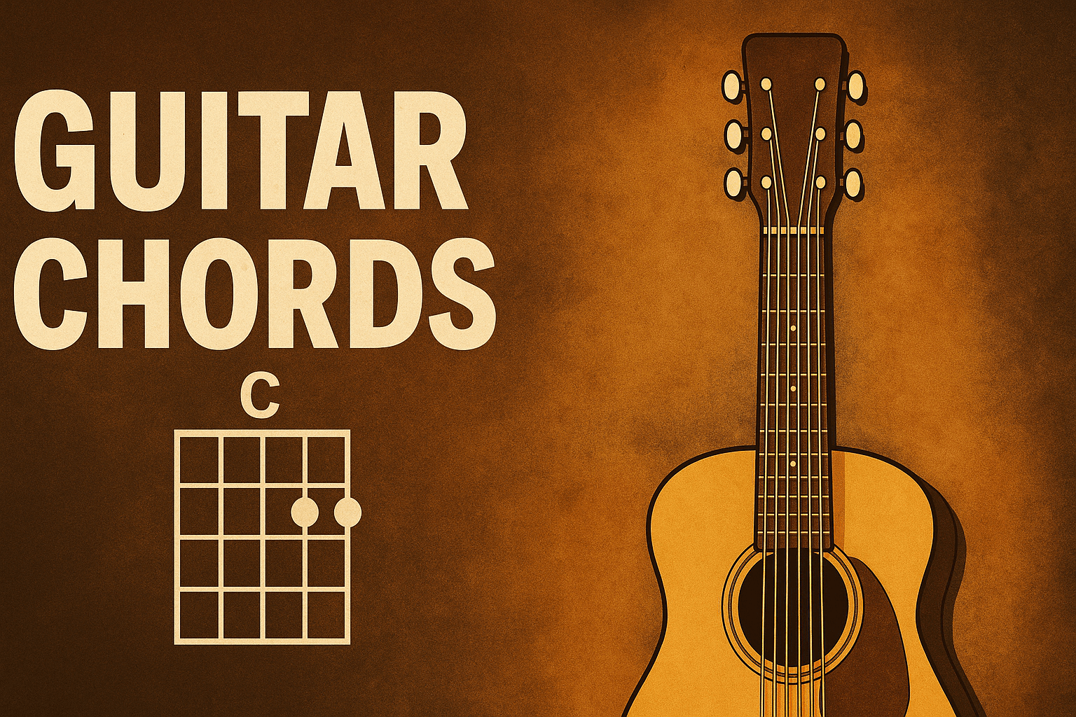 Vintage-style digital illustration featuring a warm brown textured background, bold 'GUITAR CHORDS' text on the left, a C major chord diagram below it, and a detailed acoustic guitar on the right