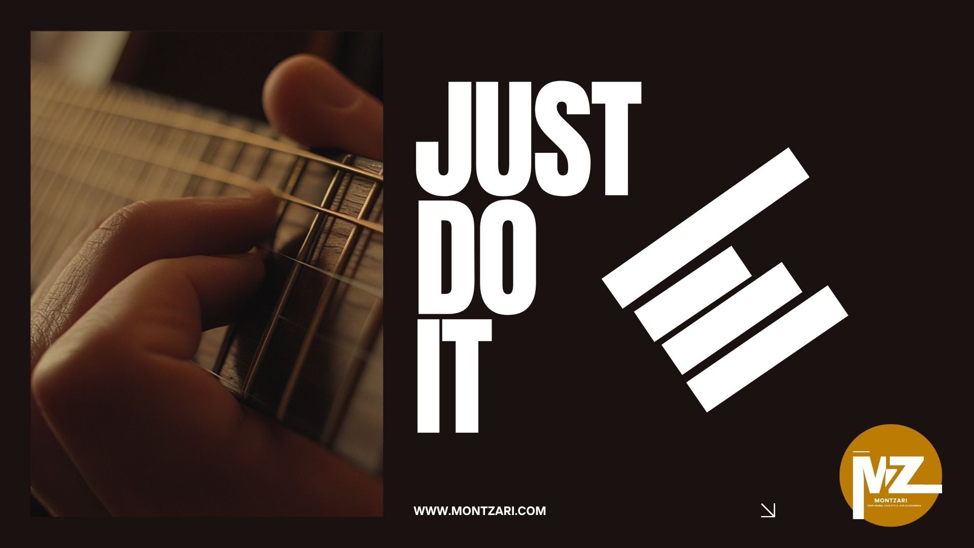 Close-up of fingers forming a guitar barre chord on the fretboard, next to a motivational graphic reading ‘JUST DO IT’ and the Montzari logo. Illustrates the focus of the barre chords for beginners guide.