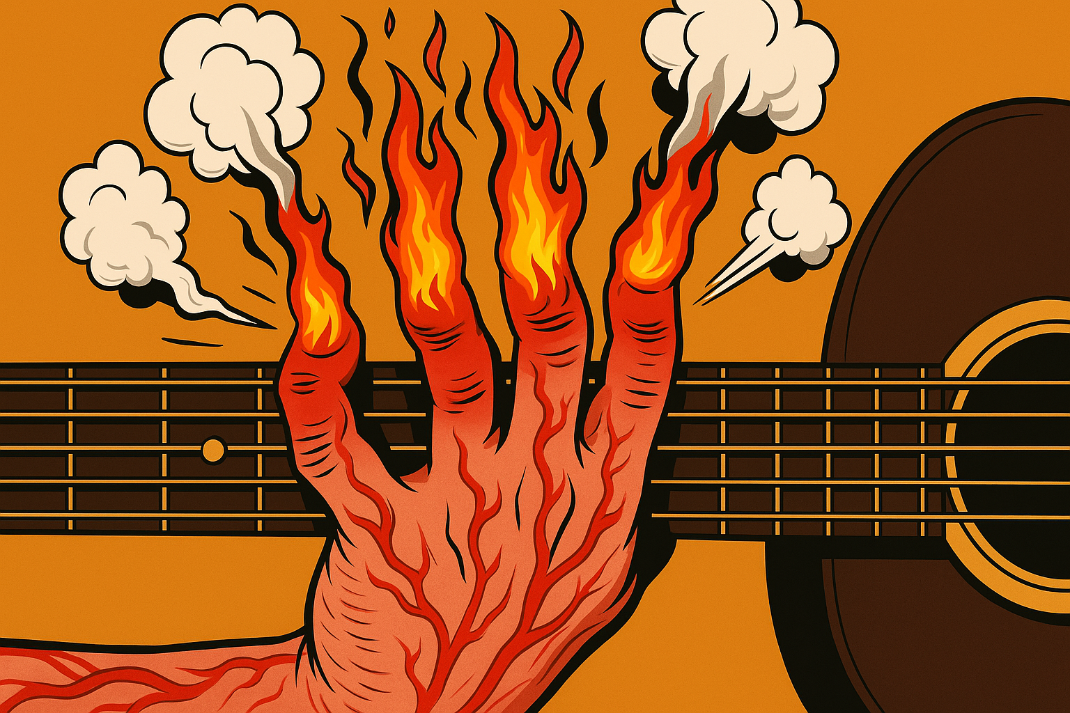 Guitarist’s hand with red, steaming fingers pressing strings—showing “fingers on fire” pain in Montzari brand colors.    autorenew  thumb_up  thumb_down