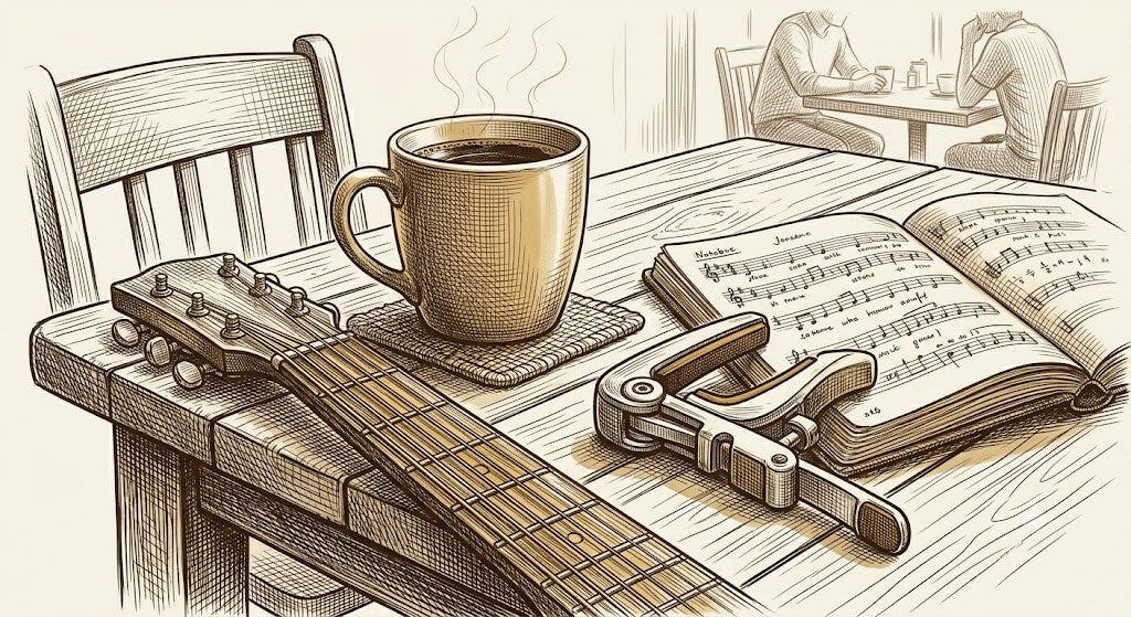 Vintage sketch of an acoustic guitar neck and a mechanical chord helper device on a cozy wooden table next to a coffee mug.