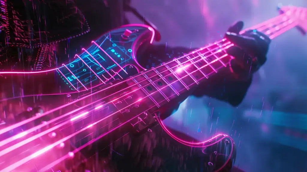 Neon cyberpunk guitar showing fast chord changes with pink and blue light trails visualizing finger movement transitions on fretboard