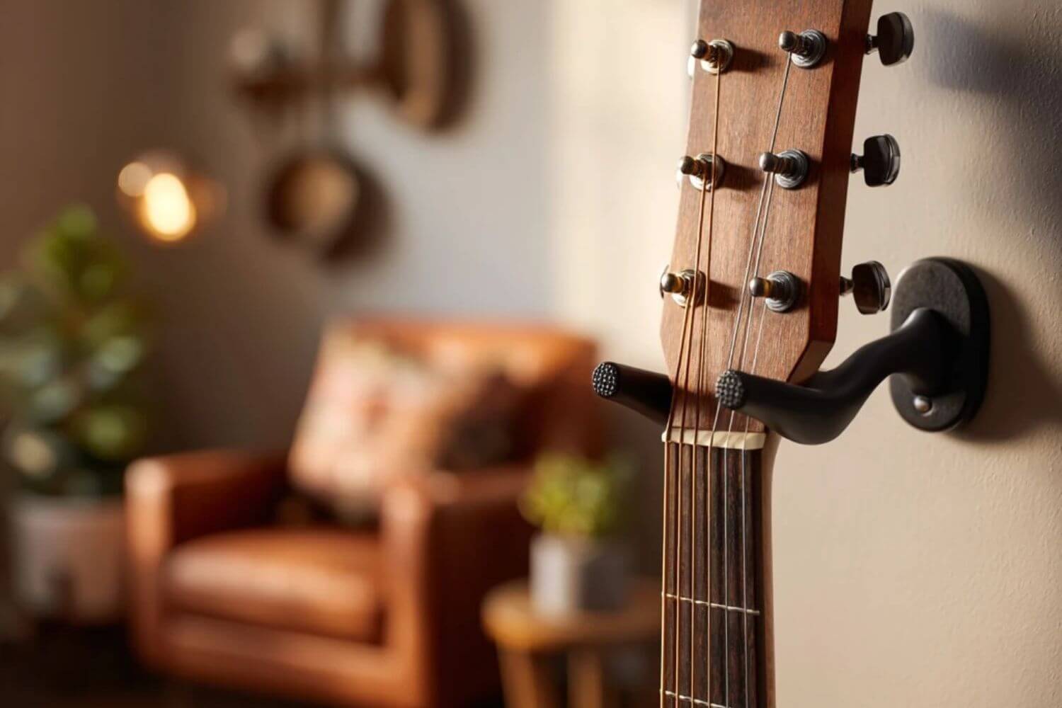 Acoustic guitar hanging safely on a secure wall mount in a cozy living room, demonstrating proper guitar storage to prevent damage.