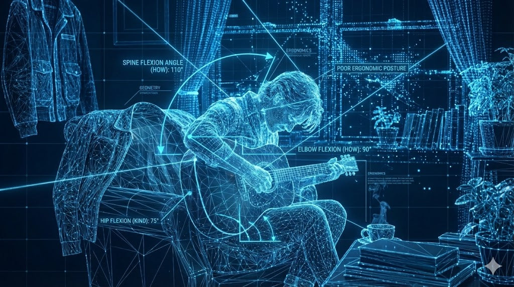 Holographic wireframe diagram analyzing guitarist sitting posture, featuring geometric angle overlays and ergonomic spine alignment nodes on a technical blue grid background