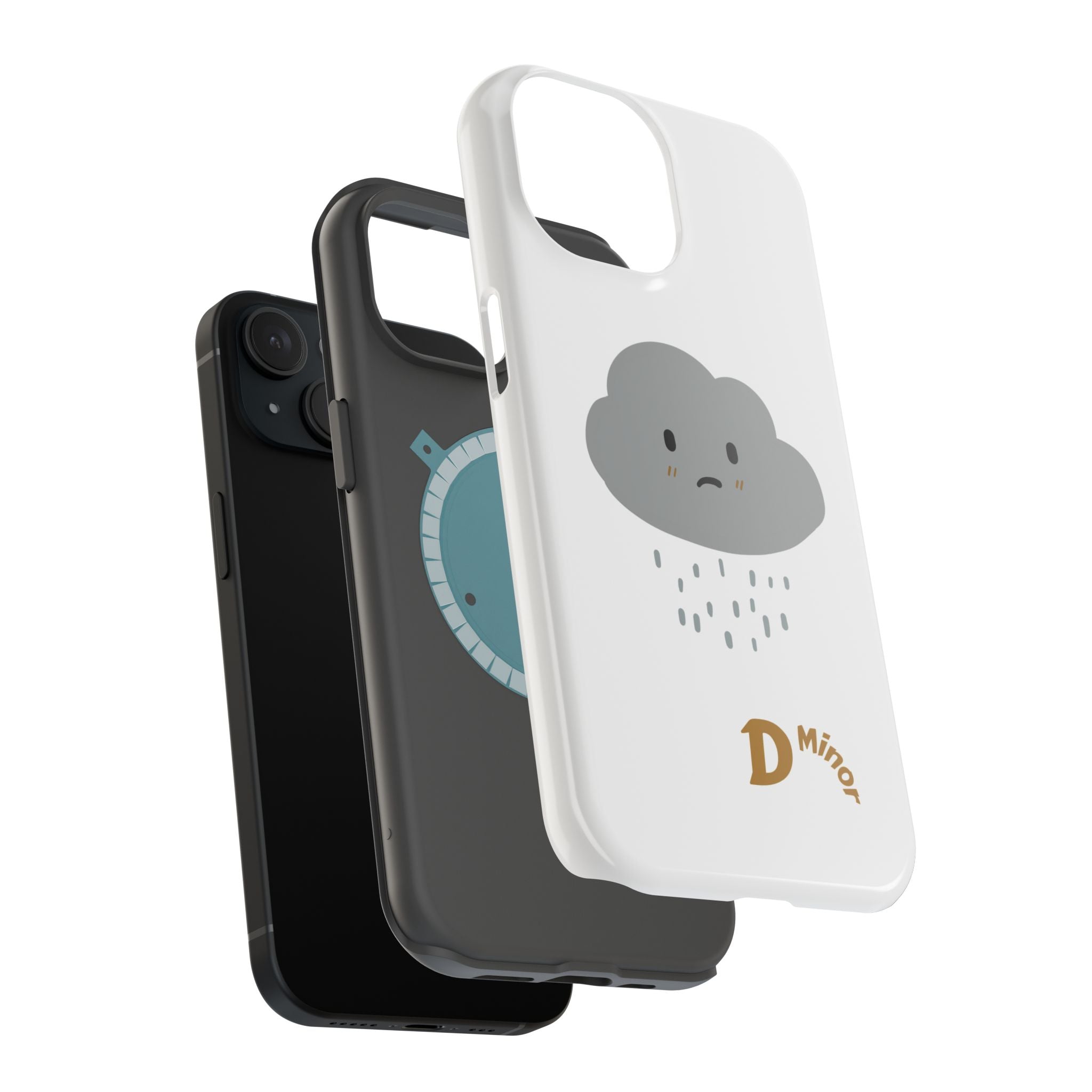 Image showing the layers of the D Minor tough phone case: the white outer shell with its sad cloud design, the black shock-absorbing inner lining, and the phone.